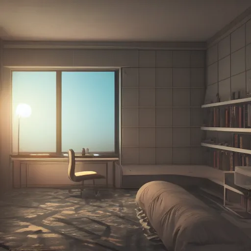 Image similar to bedroom, study room, anime, sci - fi, futuristic, aesthetic, chill, room, octane render, 8 k