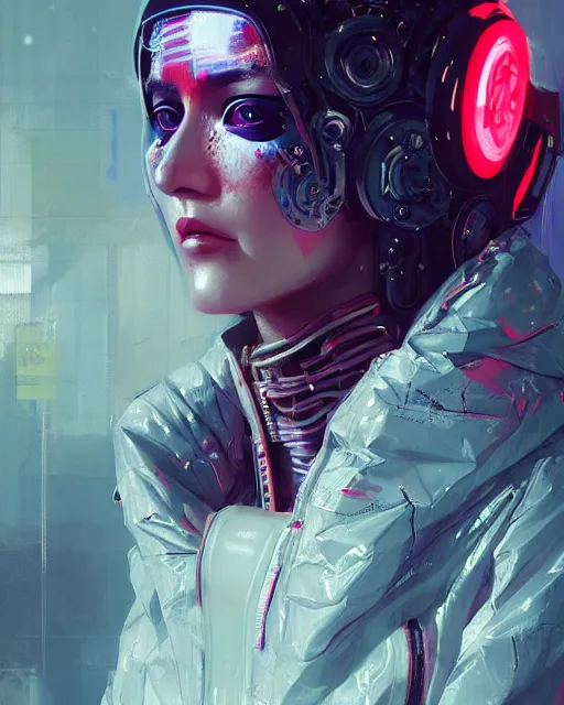 Prompt: detailed portrait cybernetic woman, cyberpunk futuristic neon, reflective puffy coat, decorated with traditional japanese ornaments by ismail inceoglu dragan bibin hans thoma greg rutkowski alexandros pyromallis nekro rene maritte illustrated, perfect face, fine details, realistic shaded, fine - face, pretty face