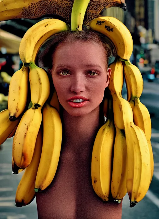 Image similar to photorealistic photograph of a banana / human hybrid creature, 3 5 mm film, fuji, leica s, nyc, in the style of fashion photography, intricate, golden hour sunlight, kodachrome