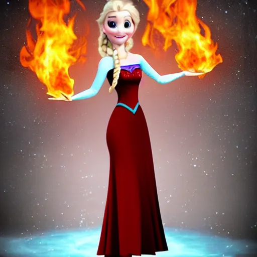 Prompt: elsa from frozen with a red dress and fire powers