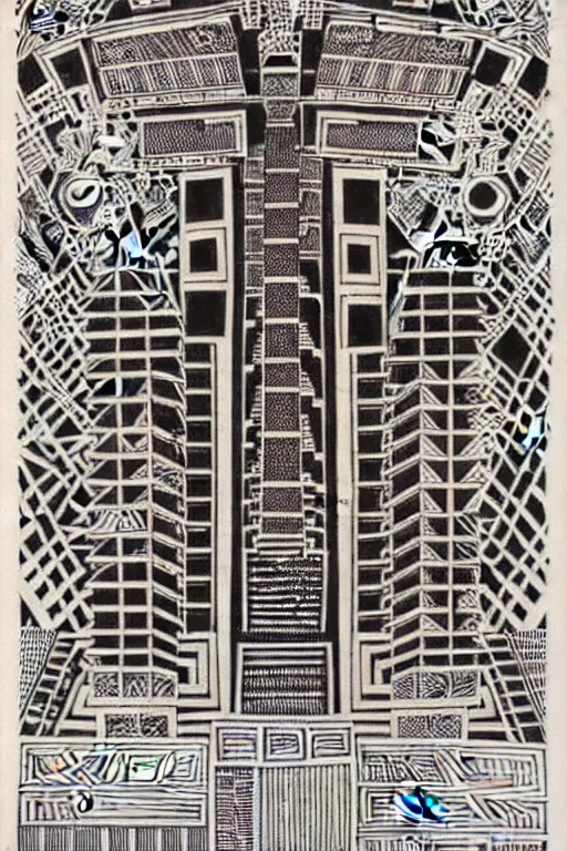 Image similar to a black and white drawing of an ancient future mayan temple mandala cityscape, a detailed mixed media collage by hiroki tsukuda and eduardo paolozzi and moebius, intricate linework, sketchbook psychedelic doodle comic drawing, geometric, street art, polycount, deconstructivism, matte drawing, academic art, constructivism