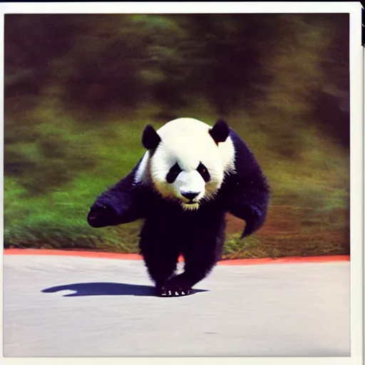 Image similar to high quality professional dslr photograph of a panda skateboarding in california. super resolution. surreal. extremely detailed. polaroid 6 0 0 film. by annie leibovitz and richard avedon