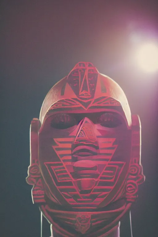 Image similar to agfa vista 4 0 0 portrait photograph of a meso american guy on a spaceship, aztec face mask, ancient yet futuristic, meso american aesthetic, aztec aesthetic, synth vibe, vaporwave colors, lens flare, moody lighting, moody vibe, telephoto, 9 0 s vibe, blurry background, grain, tranquil, calm, faded!,