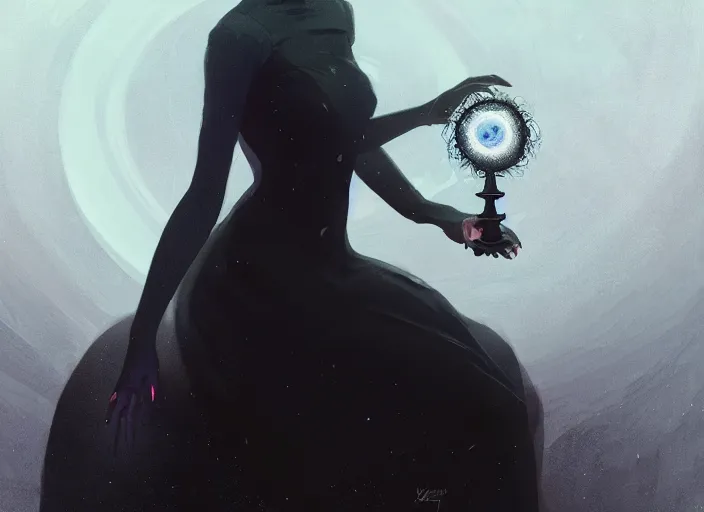 Image similar to high angle picture of a black dress witch researching about the azathoth, model pose, very brightening eyes, huge magic circles on the hand, magic and fantasy, extremely beautiful and aesthetic and detailed cute face, specular reflection, occlusion shadow, intricate, masterpiece, by ilya kuvshinov and jeremy lipking and quentin mabille