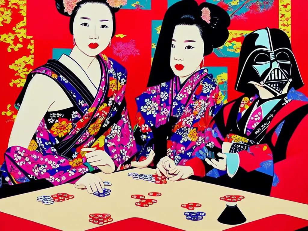 Prompt: hyperrealistic composition of the detailed woman in a japanese kimono sitting at a poker table with darth vader, fireworks, beautiful mountain in the background, pop - art style, jacky tsai style, andy warhol style, acrylic on canvas