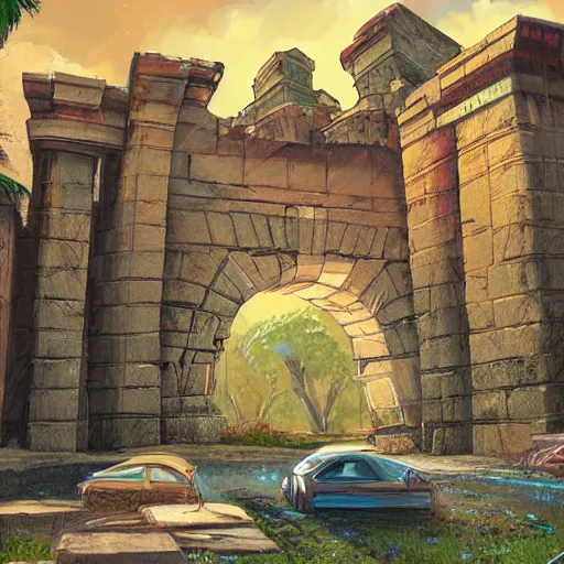 Image similar to ancient argentinian structures, retrowave epic art, trending on art station