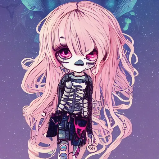 Image similar to view drawing full body un magic pose, portrait of a grungy skull anime and chibi very cute doll by super ss, cyberpunk fashion, curly pink hair, night sky, looking up, by wlop, james jean, victo ngai, muted colors, highly detailed