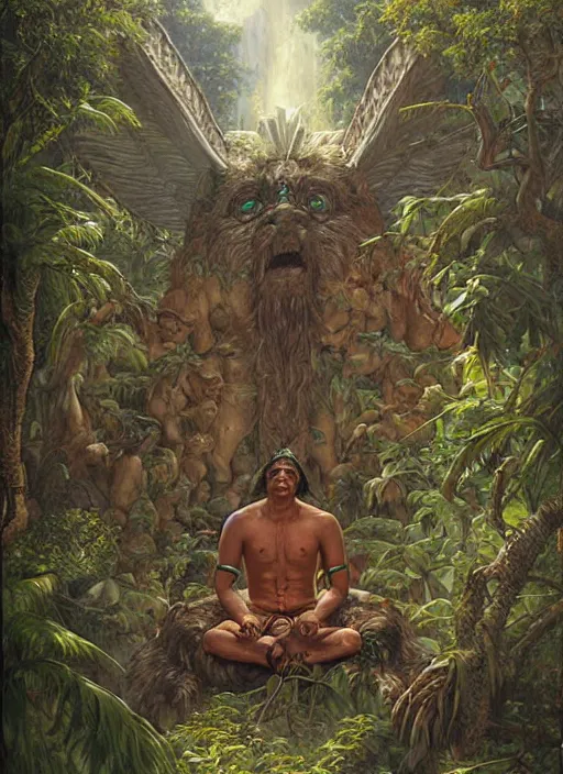 Prompt: a shaman sitting in the jungle, with faces of ancestors in the sky wearing tribal masks looking at him, hyper detailed, art by christophe vacher