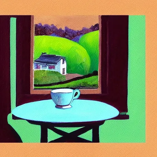 Prompt: “ nostalgic painting of a breakfast table with a steaming cup of coffee and a newspaper. the window behind it shows a green idyllic hill with a road on it, and families walking to school. realistic style. ”