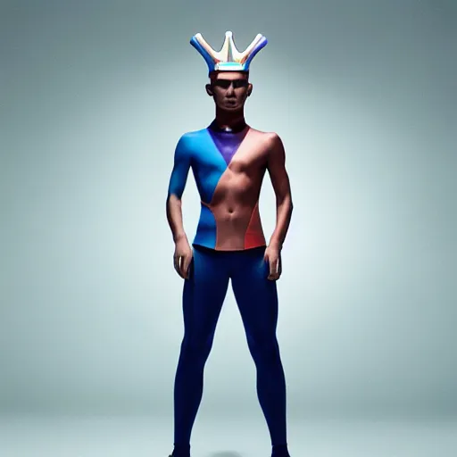 Prompt: an holographic athletic beautiful male space king, photographed by erwin olaf