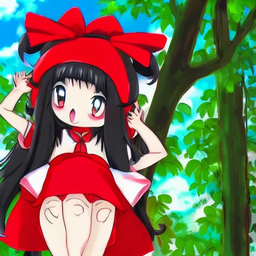 Prompt: a professional anime drawing of reimu in the jungle wearing bonnet