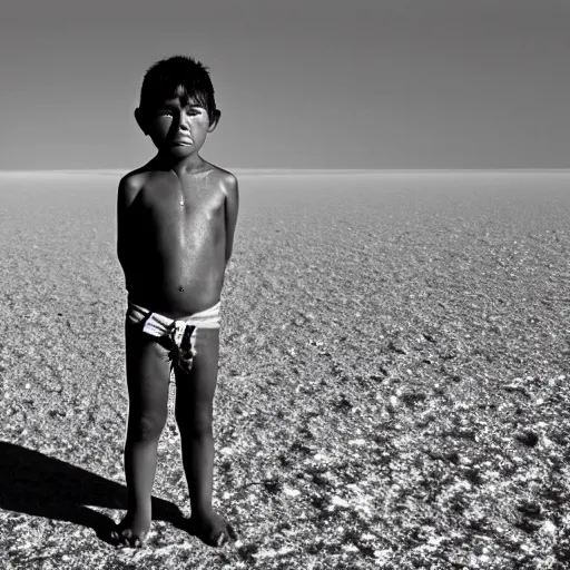 Prompt: photos of indigenous boy staring into the camera, distended abdomen, standing on a salt flat, highly detailed, muted gray brown colors, by national geographic