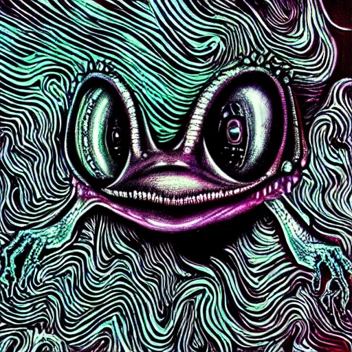 Prompt: closeup of an adorable, eldritch frog abomination of unimaginable horror by h. r. giger and junji ito, speculative evolution, psychedelic illustration, op art, sticker illustration