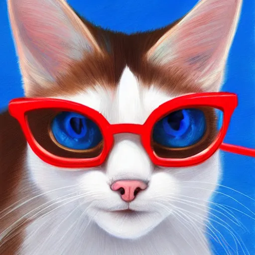 Prompt: furry art of a blue snowshoe cat with red glasses, digital painting, detailed, cute, big bright blue iris eyes, high resolution, trending on furaffinity