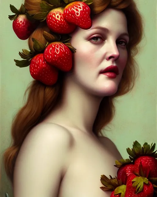 Image similar to beauty portrait, drew barrymore, strawberries, headgear leaves, wild berries, by tom bagshaw, greg rutkowski, ilya kuvshinov, craig mullins, intricate background