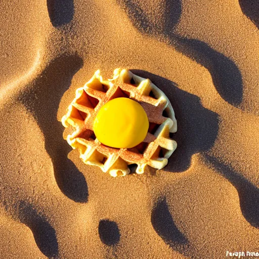 Image similar to an eggo waffle in the sand on the beach in san diego. sigma 5 5 mm. a bit of sand on the waffle. beautiful lighting