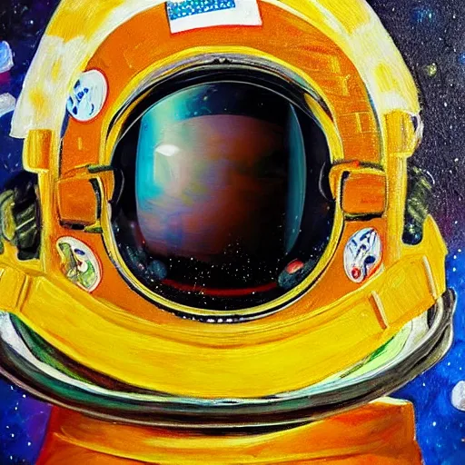 Prompt: a close up painting of an astronaut floating in space. his helmet visor is dark and reflective. you can see the reflection of flowers in his helmet visor.