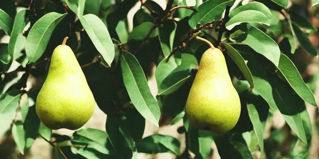 Prompt: a cute pear animal looking at the camera; green pear skin; nature photography