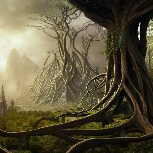 Prompt: a beautiful and highly detailed matte painting of an elven palace made of tangled tree roots, celtic, epic scale, insanely complex, hyperdetailed, sharp focus, hyperrealism, artstation, cgsociety, 8 k, by caspar friedrich, albert bierstadt, james gurney, brian froud,