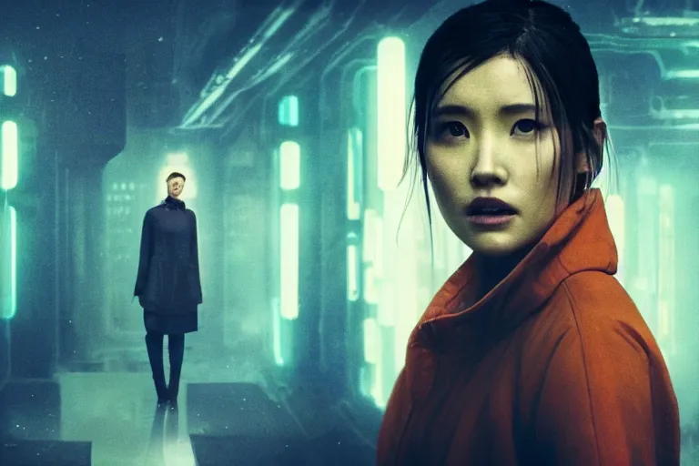 Prompt: a still from the film bladerunner 2 0 4 9 depicting haruka abe wearing an orange prison jumpsuit. behind her a gigantic holographic face can be seen. sci fi, futuristic,