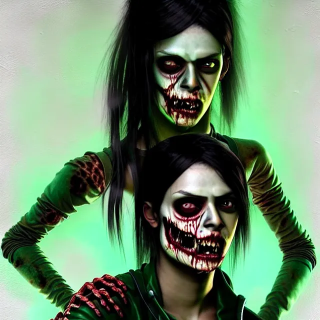 Prompt: epic professional digital airbrushed portrait art of an attractive and athletic, mid-20s, East Indian supermodel emo female zombie wearing a torn, slightly low cut tee shirt under a leather jacket, with deep green eyes, scary portrait, walking dead, best on artstation, cgsociety, wlop, Behance, pixiv, cosmic, epic, stunning, gorgeous,, masterpiece by Dorian Cleavanger and Stanley Lau