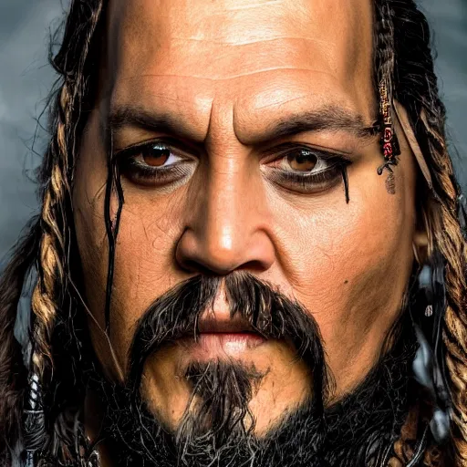 Image similar to portrait of johnny depp as khal drogo from games of thrones, mascular, symmetrical, nikon 3 5 mm photography, ultrarealistic