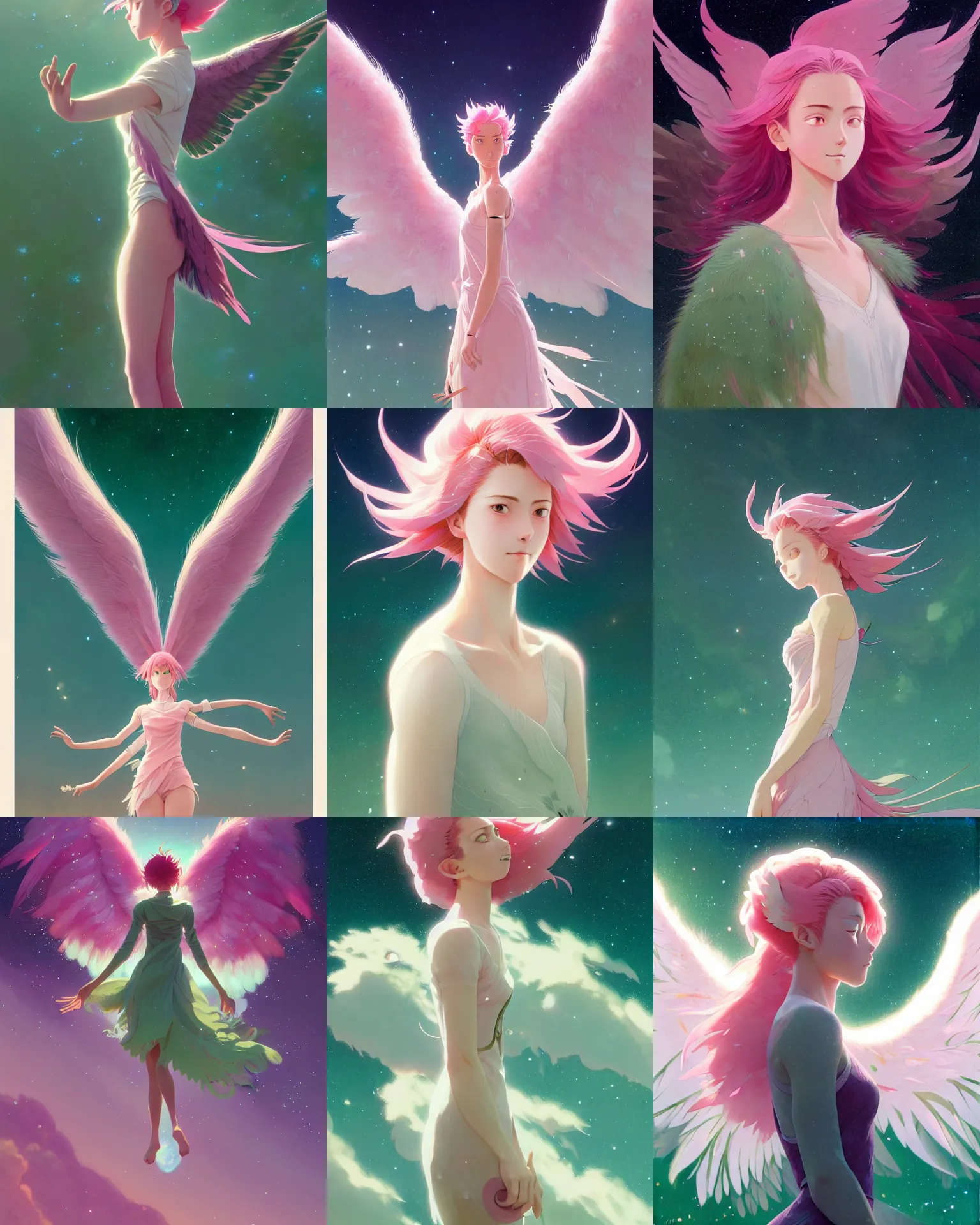 Prompt: young woman, pink medium hair, outstretched feathery wings, detailed perfect face, exquisite details, green aura, mid view, design on a starry background, by studio muti, greg rutkowski makoto shinkai takashi takeuchi studio ghibli