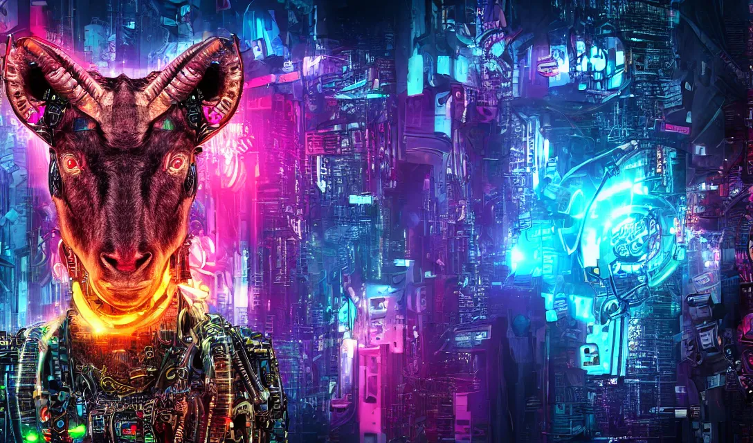 Image similar to complex cyberpunk machine background merged with evil cybernetic goat head in center focus, multicolored digital art