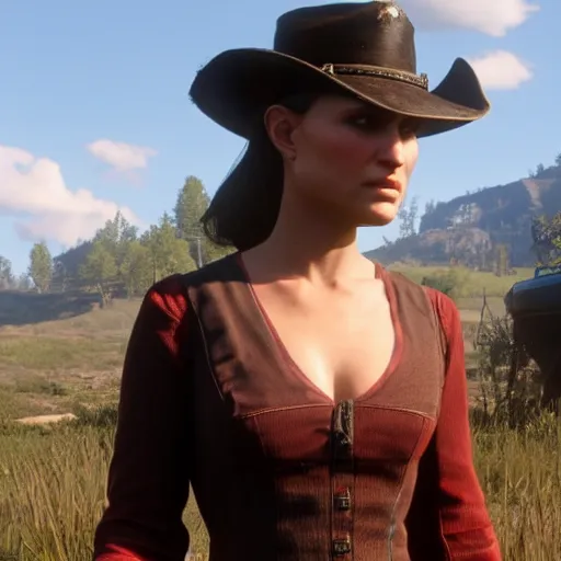 Image similar to natalie portman in red dead redemption 2, character render, full body shot, highly detailed, in game render