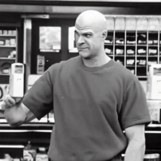 Prompt: CCTV footage of Mr. Clean robbing a gas station