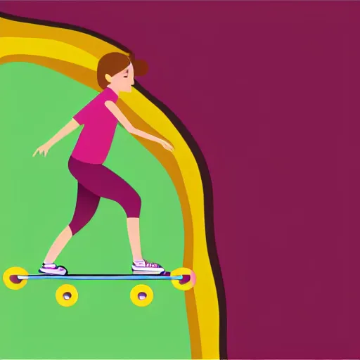 Image similar to illustrator graphic of a teenage girl pushing a skateboard elevation side view