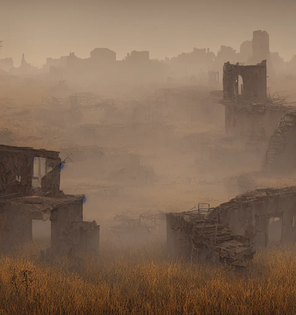 Image similar to rusty broken building constructions of a staircase, the ruins, in the steppe, autumn field, misty background, from the game pathologic 2, early morning, matte painting, by isaac levitan and asher brown durand,