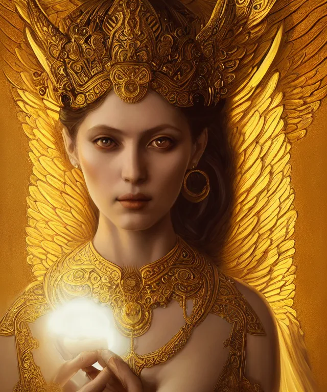 Image similar to a ultradetailed painting of a beautiful! empress, symmetrical features, golden ornate dress, angelic wings, magical realism, by greg rutkowski and karol bak, volumetric lighting, 4 k