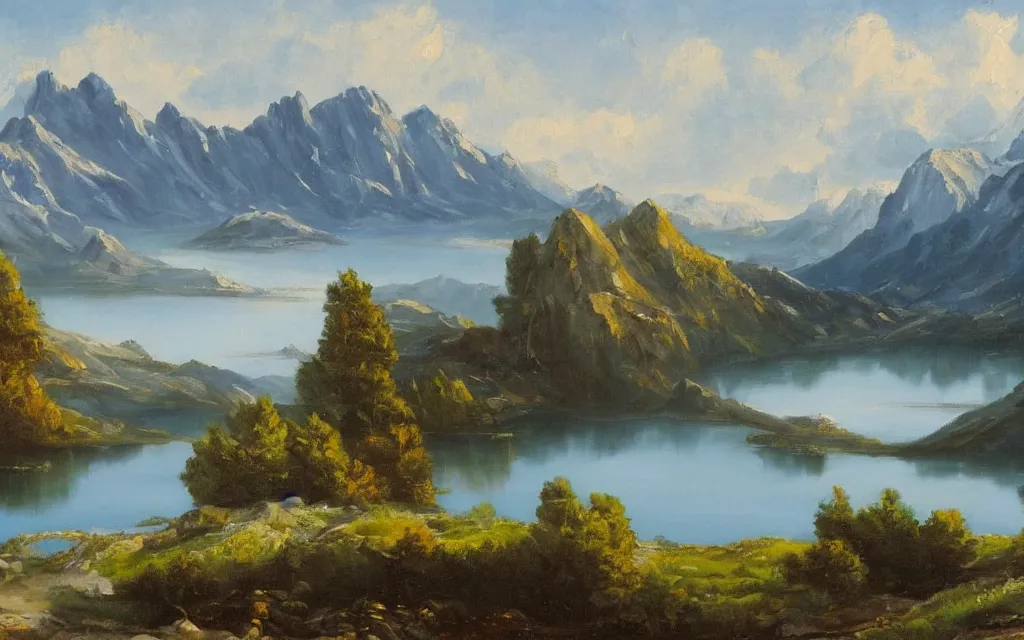 Image similar to a beautiful painting of a serene landscape with a lake in the foreground and jagged mountains in the background