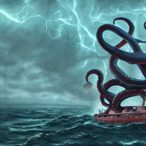 Prompt: giant octopus under sea boat during lightning storm, detailed digital art, realistic, trending on artstation