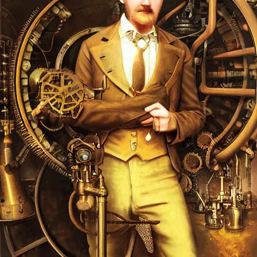 Prompt: portrait of a steampunk engineer, by howard david johnson