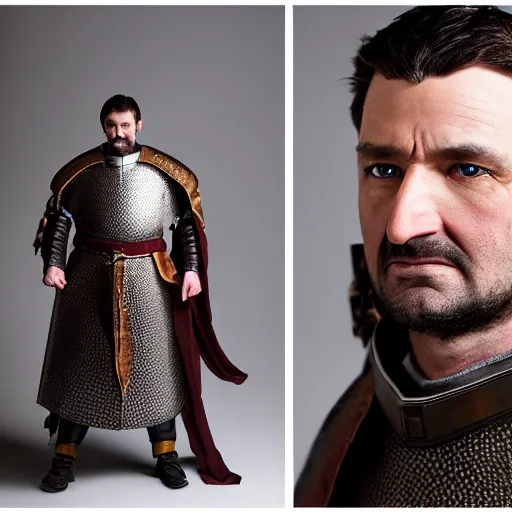 Image similar to richard iv the roman king photo, real human, soft studio lighting, 6 0 mm lens in full armor, cashmere hairs