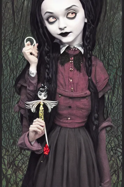 Image similar to beautiful cottagecore snoop dogg as Wednesday Addams holding a Coraline doll, Black Hair, Goth, gothic, castlevania, intricate, elegant, highly detailed, digital painting, artstation, concept art, smooth, sharp, focus, illustration, art by artgerm and greg rutkowski and alphonse mucha