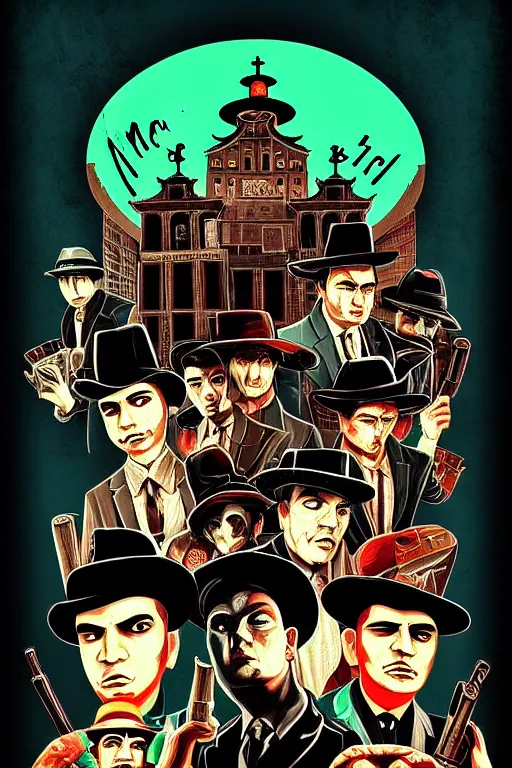 Prompt: mob mafia saints in mexico, with long hat, aesthetic, concept art, bioshock and gta chinatown wars pop art style, by mike swiderek, jorge lacera, ben lo, tyler west,, ultrarealistic, sharp focus, intricate, ultra high definition details, shadow effect