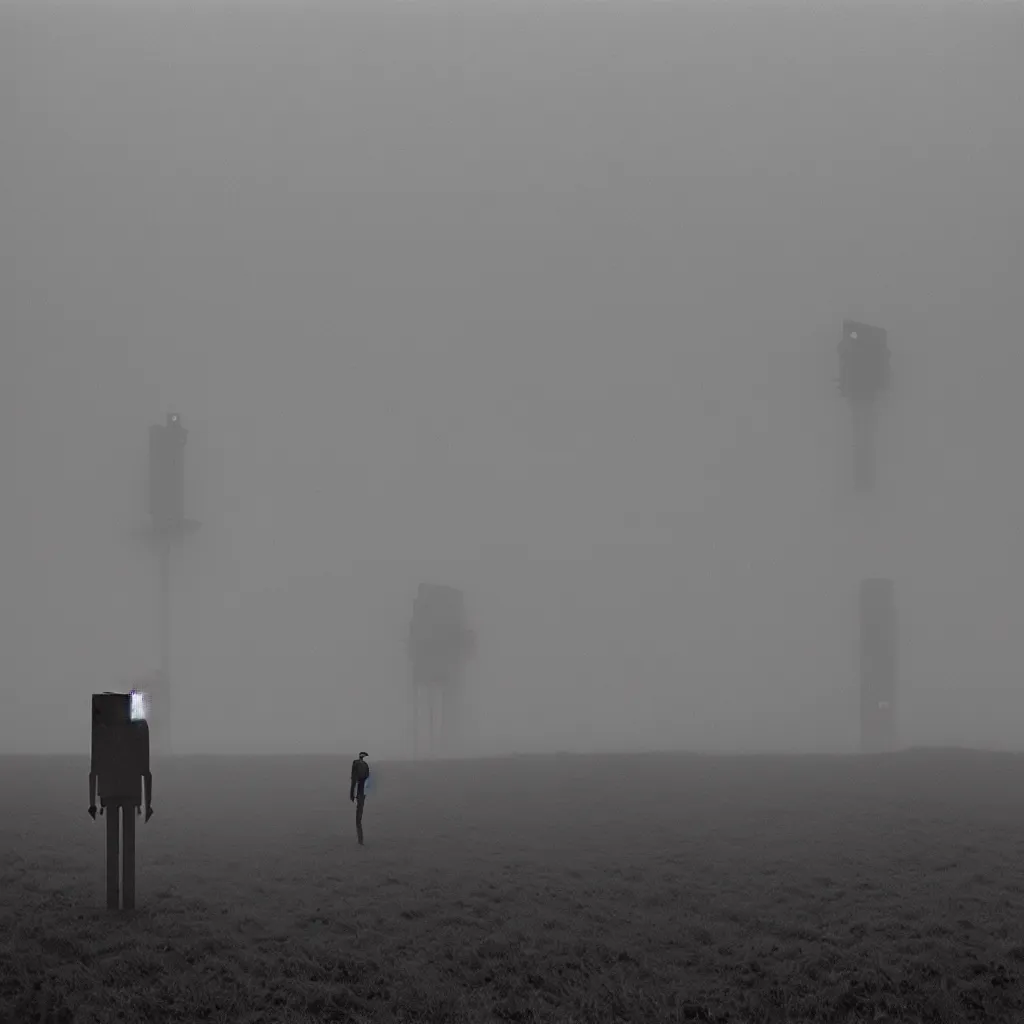 Image similar to a sole angular lanky liminal observer droid, in a brutalist yet rural landscape by simon stalenhag, 3 5 mm film photography, dawn, eerie fog