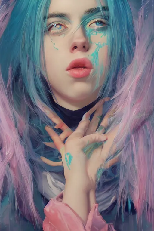 Image similar to billie eilish happy portrait of a vaporwave girl in a cluttered 9 0 s bedroom, by artgerm, tom bagshaw, gerald brom, vaporwave!, vaporwave colors!, lo fi colors, lo fi, 4 k, hd,