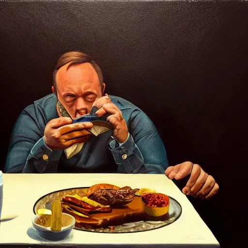 Prompt: painting of alex jones eating dinner on the toilet, full view, popular on artstation, artstationhd, artstationhq 8 k, volumetric lighting, super focused, no blur, trending on artstation, artstationhd, artstationhq, ultra detailed, by artgerm and james gurney, greg rutkowski,