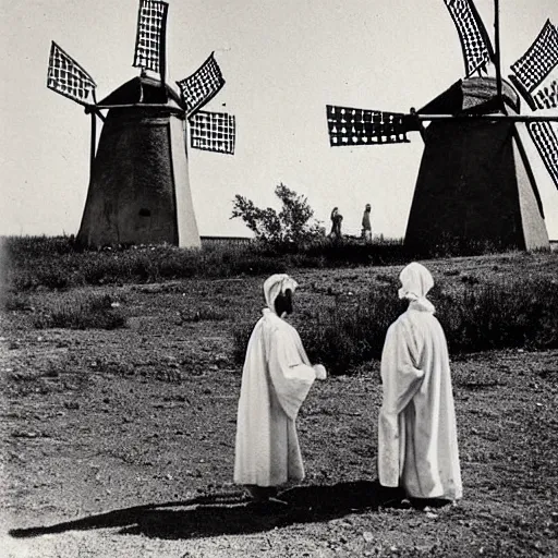 Image similar to worshippers dressed in robes belonging to the cult of the windmill. Dilapidated 1800s windmill. Old windmill. 1800s photo.