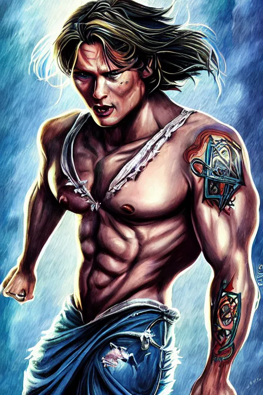 Prompt: romance book illustration style, front portrait of attractive sam winchester as an ann rice vampire, clothes torn apart, muscular chest tattooed with runes and symbols, d & d!, fantasy style, sharp focus!, ultra detailed, art by artgerm and peter andrew jones, wlop