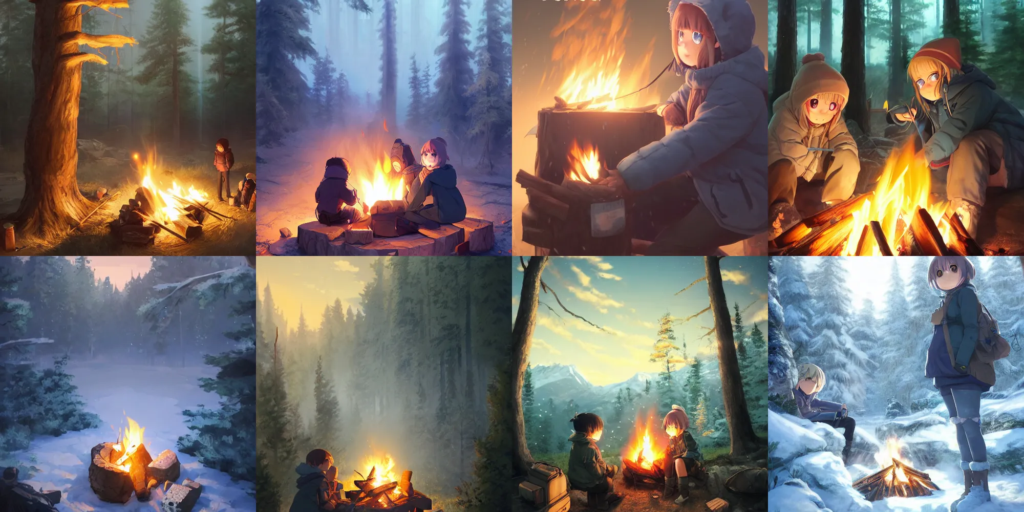 Prompt: yuru camp anime campfire hyperdetailed blue eyes, trending on artstation, cinematic lighting, highly realistically detailed, trending on pixiv , Unreal Engine 4k, detailed faces, manga cover, official anime key visual by greg rutkowski
