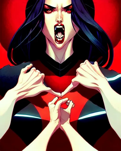 Image similar to artgerm, joshua middleton comic cover art, full body pretty megan fox vampire sharp teeth, red dress, symmetrical eyes, symmetrical face, long curly black hair, dark castle background background, cinematic lighting