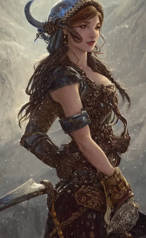 Image similar to azure viking warrior, regal, elegant, winter, snow, beautiful, stunning, hd, illustration, epic, d & d, fantasy, intricate, elegant, highly detailed, wide angle, digital painting, artstation, concept art, smooth, sharp focus, illustration, wallpaper, art by artgerm and greg rutkowski and alphonse mucha and jin xiaodi