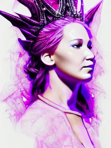 Image similar to pink portrait of beautiful female angel queen Jennifer Lawrence head wearing shiny pink crown, subtle purple accents, hyper details, black metal rococo, sculpted by Alex Alice, Craig Mullins, yoji shinkawa, trending on artstation, beautifully lit, Peter mohrbacher, hyper detailed, insane details, intricate, elite, elegant, luxury, ray of light through smoke, CGsociety, hypermaximalist, golden ratio, volumetric, octane render, weta digital, micro details, 3d sculpture