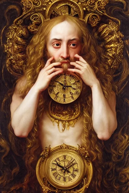 Image similar to hyper realistic painting portrait of the lord of time, occult diagram, elaborate details, rococo, baroque, gothic, intrincate ornaments, gold decoration, caligraphy, occult art, illuminated manuscript, oil painting, art noveau, in the style of roberto ferri, gustav moreau, waterhouse - c 9