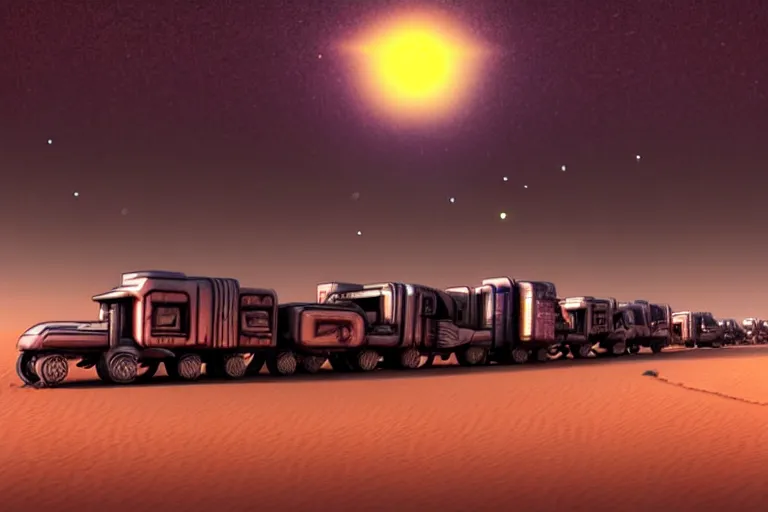 Image similar to a convoy of cyberpunk wagons moving through a star lit desert, dystopian, dusty